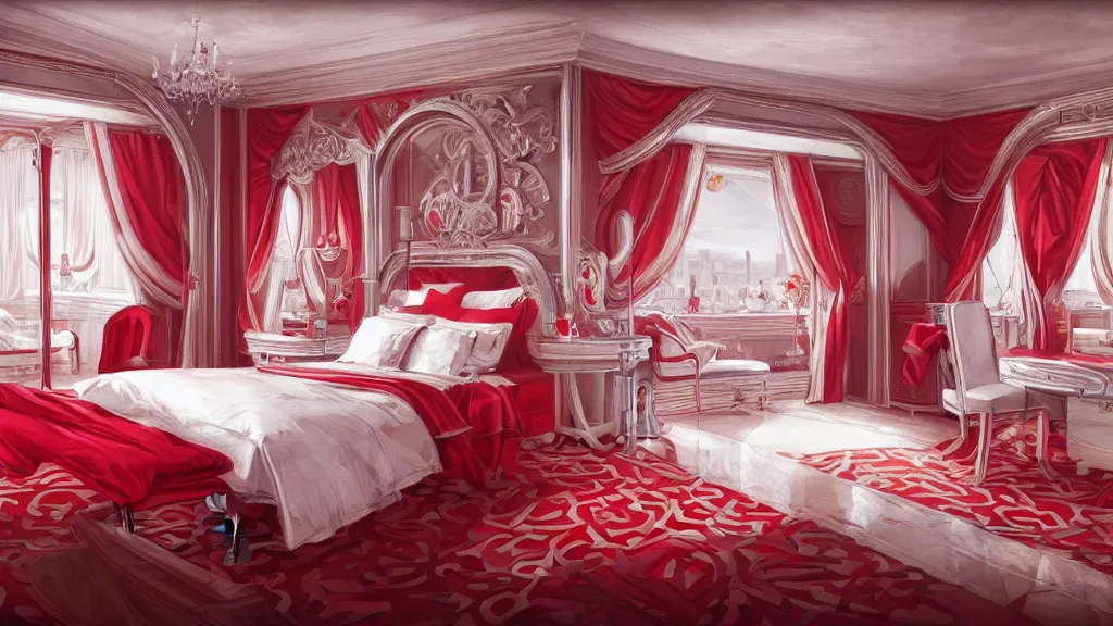 Prompt: art deco bedroom, red and white, ultra detail, photoreal, bright colors, professionally retouched, wide angle, 8 k high definition, insanely detailed, intricate, elegant, art by artgerm and wlop