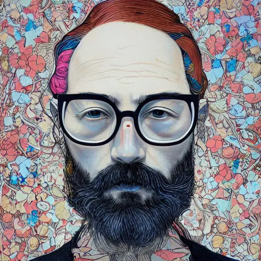 Prompt: James Jean artwork, bearded man with glasses, colourful