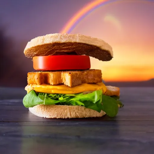 Prompt: sandwich with fried tofu, one tomato slice, one onion ring, avocado and melted cheddar, over a dish and over a table, with a sunset and rainbow in the background with saturn and stars in the sky