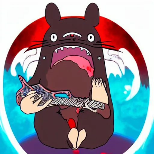 Image similar to cannibal totoro, blood stained, cannibal corpse fan, playing an electric guitar and doing the horn symbol with his hand fantasy digital art, wow, stunning, ghibli style, hight quality