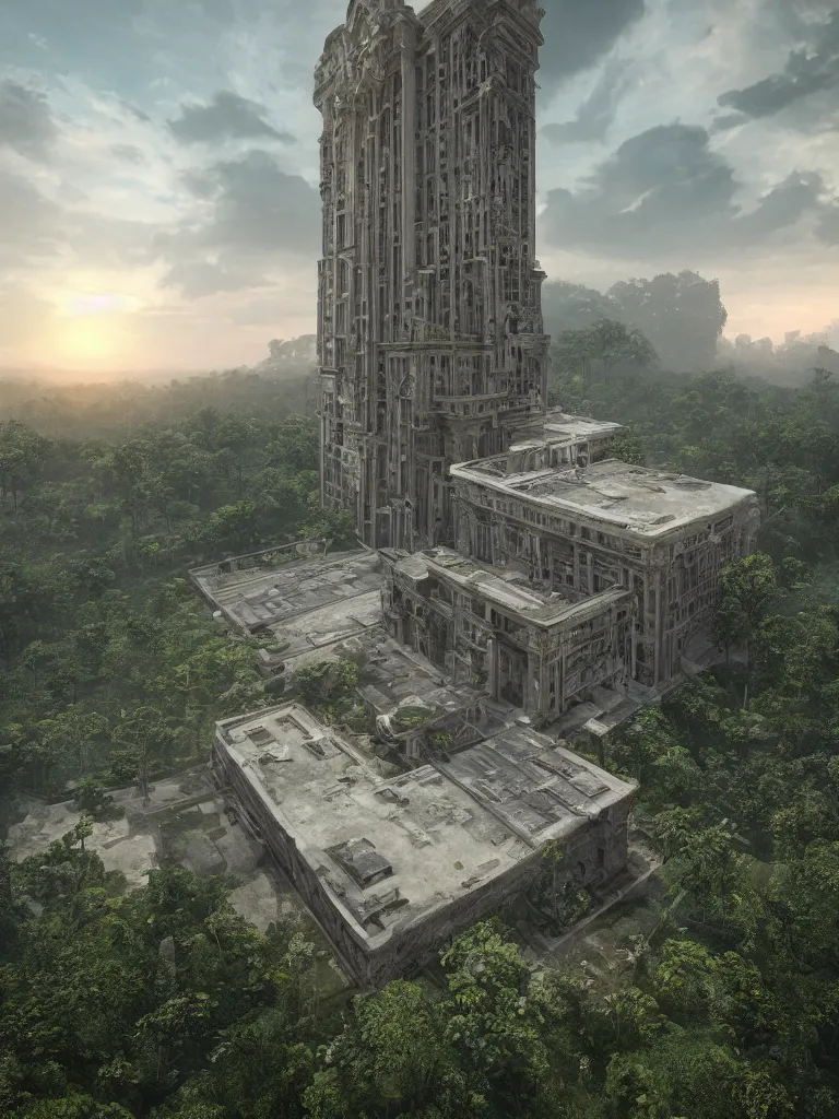 Prompt: a high magnificent abandoned building, surrounded by lush green vegetation, stunning volumetric lighting, sunset, solid concrete, stunning skies, trending on Artstation, 8k, photorealistic, hyper detailed, unreal engine 5, IMAX quality, cinematic, epic lighting, in the style of DOOM and Quake and Le Corbusier and Greg Rutkowski