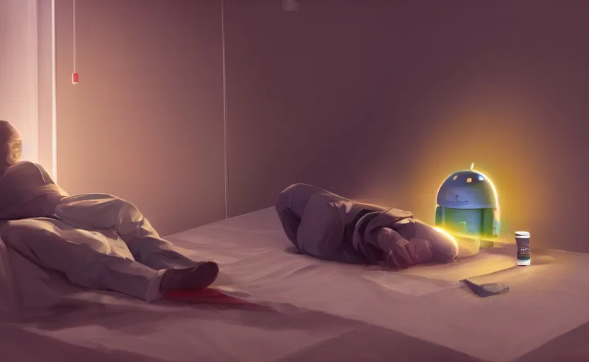 Prompt: human being stopped from sleeping by an intelligent android. painting, atospheric lighting, night, 8 k, sharp focus, global illumination, paid artwork, portfolio