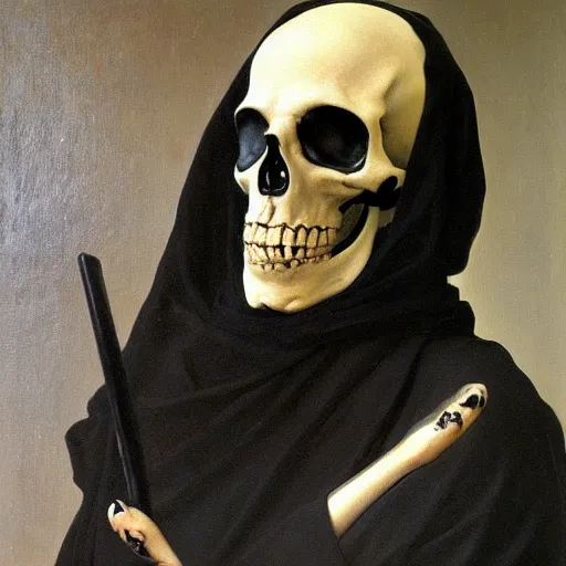 Prompt: the grim reaper, skeleton, oil painting, canvas, paul delaroche, alphonse mucha, arnold böcklin, hyperrealistic 8k, very detailed, portrait