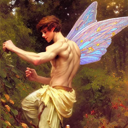 Image similar to attractive male fairy with wings in the forest, posing. highly detailed painting by gaston bussiere, craig mullins, j. c. leyendecker, 8 k