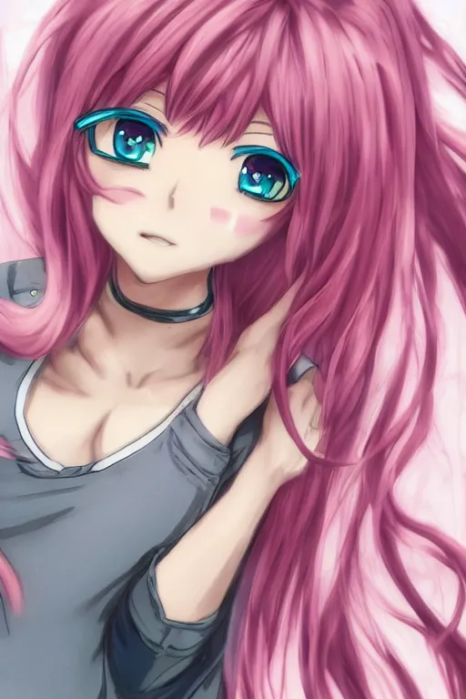 Prompt: an anime girl with pink hair, trending on pixiv, detailed, anime, pastel colors