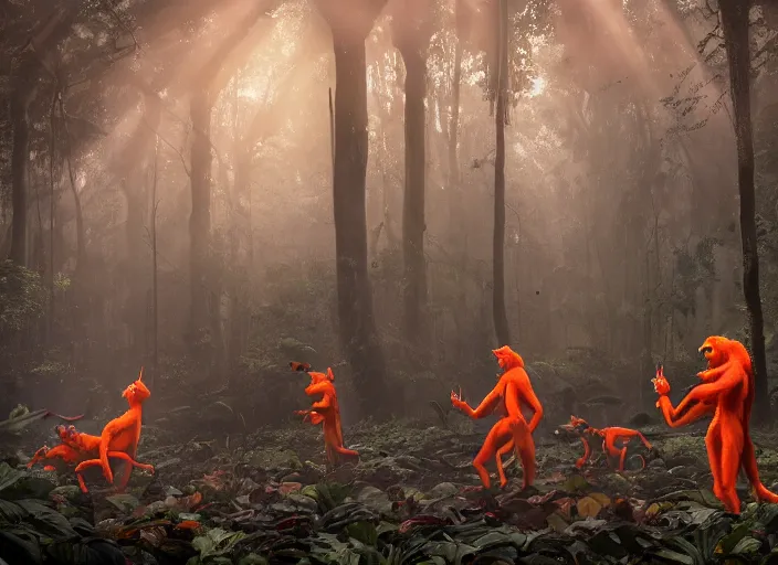 Prompt: dozens of orange safety cones are spread around a beautiful strange forest, a man in a hairy gorrilla costume sri lankan mahasona yaka devil beast in a mask dances in ritual in the center distance, cinematic painting by james jean, atomspheric lighting, moody lighting, dappled light, detailed, digital art, limited color palette, wes anderson, artstation