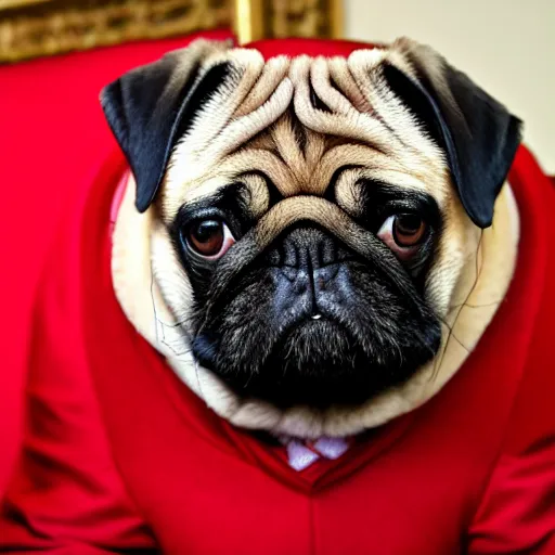 Prompt: a pug president of the usa. in the oval. formal. beautiful. high resolution. highly realistic. close - up.