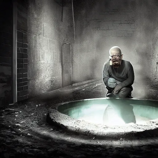 Image similar to Walter white hiding in a sewer, dark, unlit