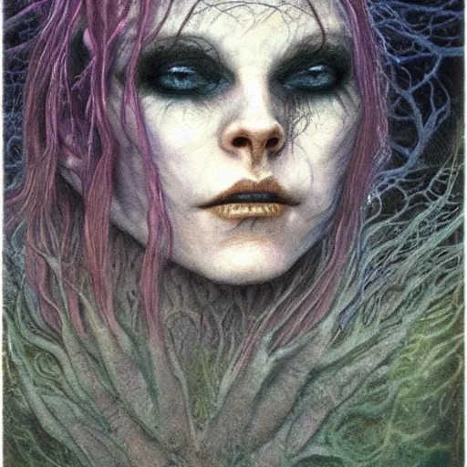 Image similar to smirking rusalka of the blighted swamp, aquiline features, black shimmering hair, by brian froud, cold secondary colors, oil on canvas