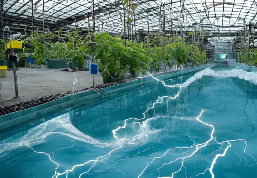 Image similar to pool of electrified water, electrical hazard, harvesting plant for lightning in a bottle.