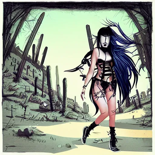 Prompt: “ goth punk girl walking through a desert graveyard, vibrant detailed, cel shaded, apocalyptic ”