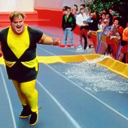 Image similar to a screen still of chris farley running the double dare obstacle course from double dare