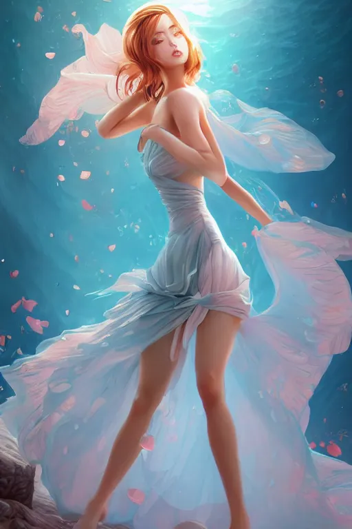 Image similar to a beautiful fashion goddness of love, chic strapless dress, tropical sea background, character design, in the style of artgerm, and wlop, cinematic lighting, hyperdetailed, 8 k realistic, symmetrical, global illumination, radiant light, frostbite 3 engine, cryengine, dof, trending on artstation, digital art