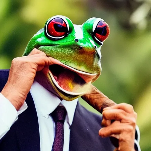Image similar to a frog 🐸 wearing a suit smoking a cigar