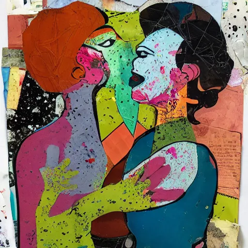 Prompt: two women kissing at a carnival on an alien planet, mixed media collage, retro, paper collage, magazine collage, acrylic paint splatters, bauhaus, abstract claymation, layered paper art, sapphic visual poetry expressing the utmost of desires by jackson pollock