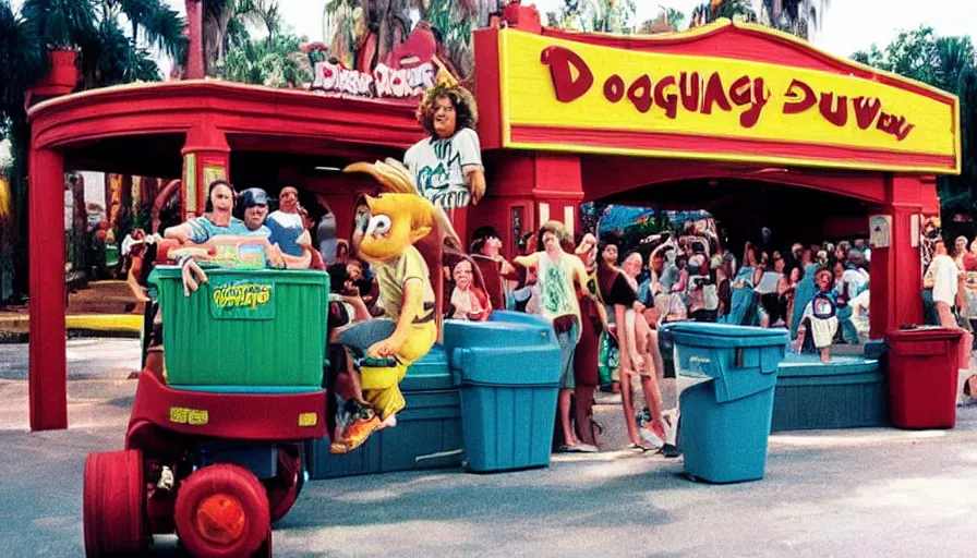 Image similar to 1990s photo of inside the Doug Funny Show ride at Universal Studios in Orlando, Florida, riding a trash can through Doug's town , cinematic, UHD