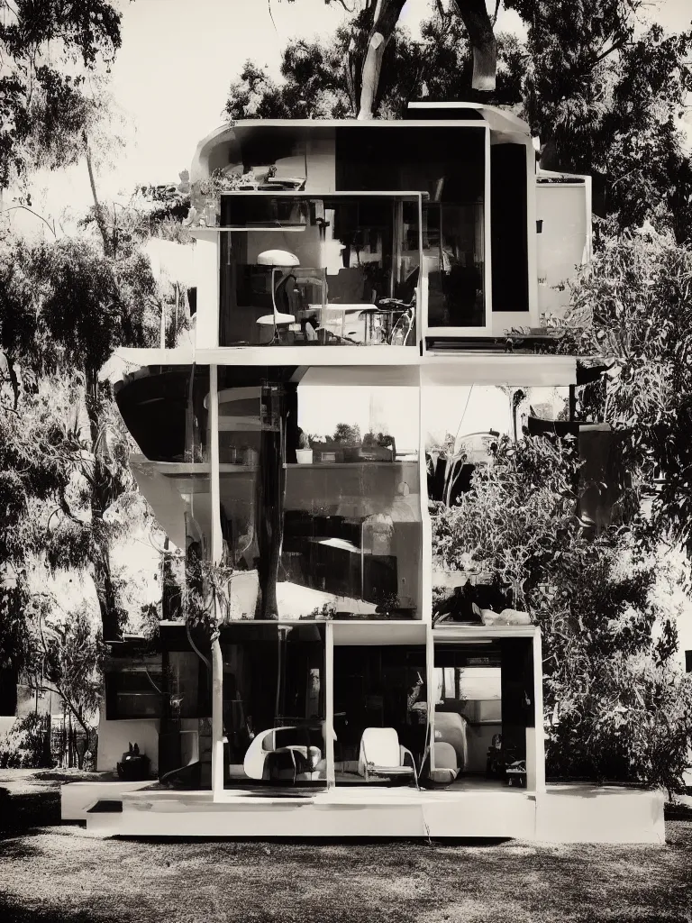 Prompt: “A perfectly centered beautiful black and white 24mm photo of mid-century retro-futuristic tiny house in Los Angeles”