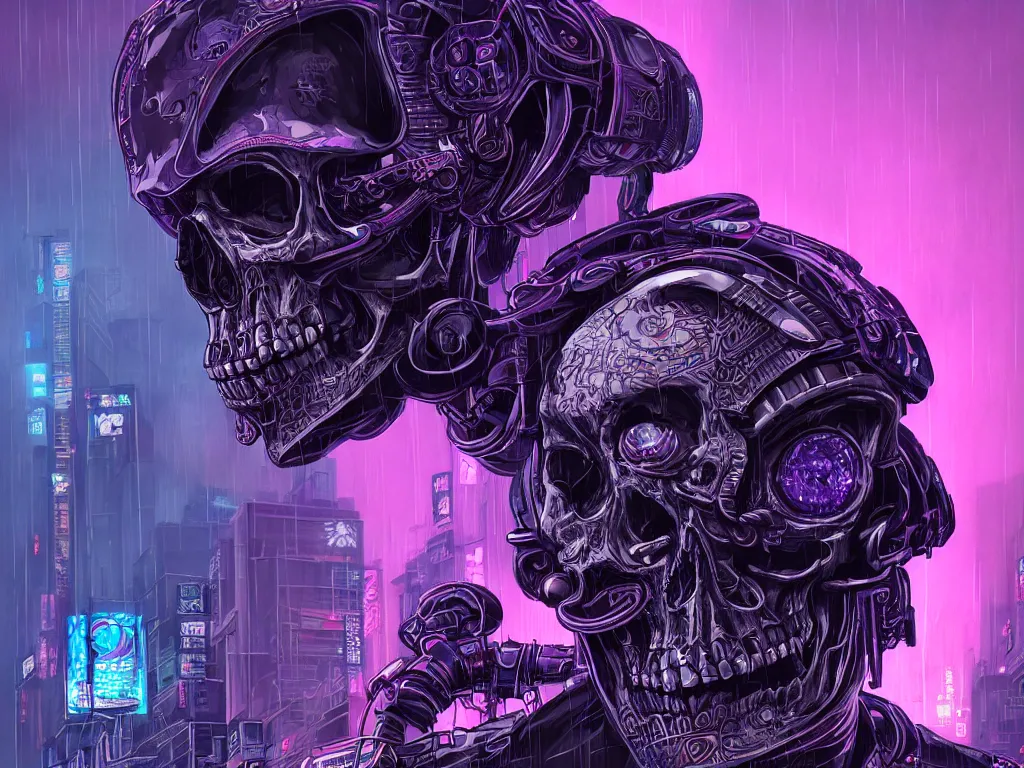 Image similar to high detailed dead android skull samurai in a cyberpunk rainy city at night by Josan Gonzalez, purple and blue neons, unreal engine, high quality, 4K, UHD, trending on ArtStation, wires, blade runner vibes, ghost in the shell, akira, dorohedoro