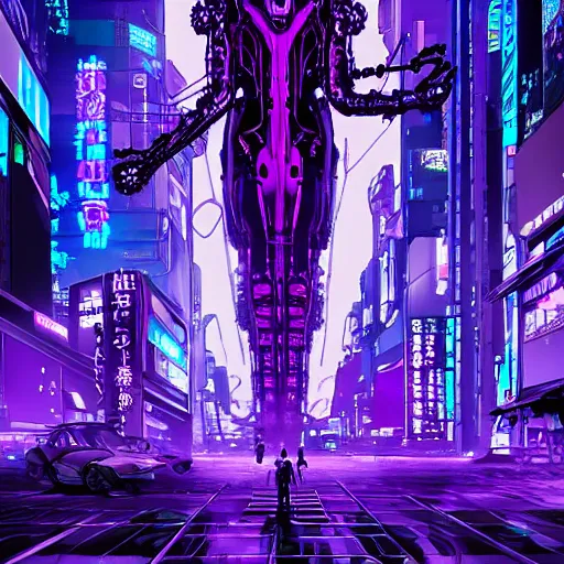 Image similar to Giant Purple Amethyst in cyberpunk neon Tokyo in style of Tsutomu Nihei. Cyberpunk, vertical symmetry, 8K, Highly Detailed, Intricate.