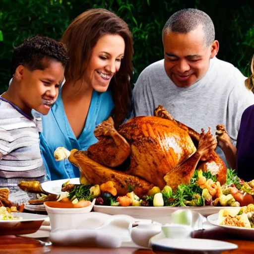 Image similar to a family sitting at a table eating thanksgiving dinner, the turkey is a monkey