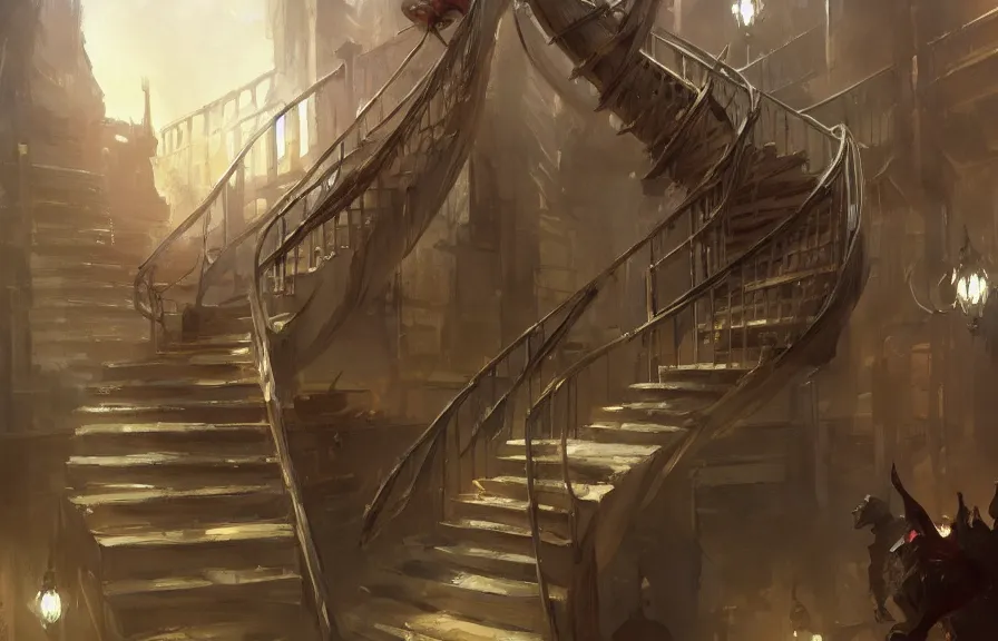 Prompt: greg manchess concept art of a the haphazard twisting stairs dimension, key visual, ambient lighting, highly detailed, digital painting, artstation, concept art, sharp focus, by makoto shinkai and akihiko yoshida and hidari and wlop and greg rutkowski