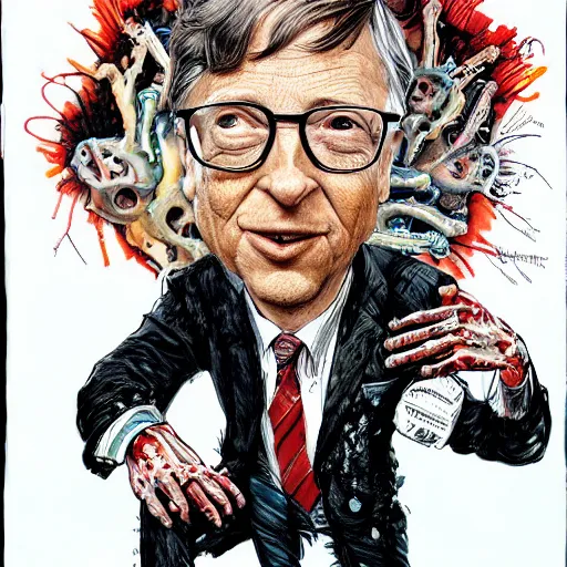 Image similar to bill gates holding a vaccine in his hand, Body horror, by Ralph Steadman