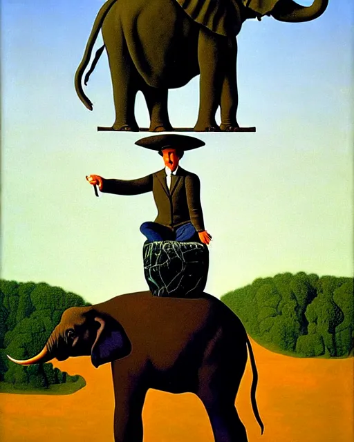 Image similar to portrait of adam ondra riding an elephant by magritte