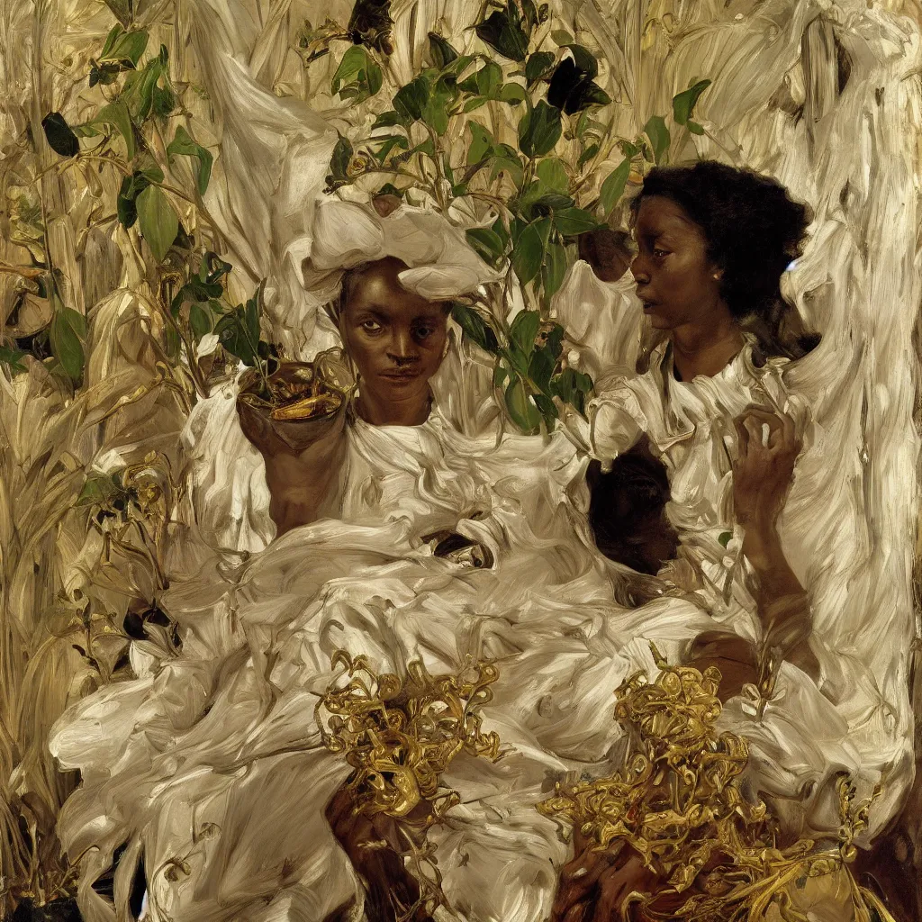 Image similar to high quality high detail painting by lucian freud, jenny savile, ilya repin and john singer sargent, black woman in a white room with many plants, intricate costume design, orientalist, partially gold, ornate, elite, luxury, hd