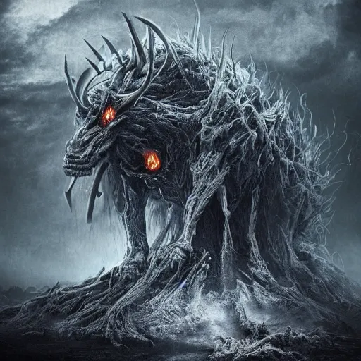 Image similar to I am anti-life. The Beast of Judgement. The dark at the end of everything. God like, Biblical, Apocalypse, End of Times, Superb, Invincible, Merciless, Mayhem, Chaos, Death Incarnate, fog, smoke, ashes, hellfire, rain of blood, Highly detailed 3d fractal, volumetric lighting, sharp focus, ultra-detailed, hyperrealistic, complex, intricate, 3-point perspective, hyper detailed, unreal engine 5, IMAX quality, cinematic, finely detailed, small details, extra detail, symmetrical, high resolution, rendered 3D model, octane render, arnold render, PBR, path tracing, 8k, 4k, HD, hi-res, award-winning, awe-inspiring, ground-breaking, masterpiece , artgem, Dark Fantasy