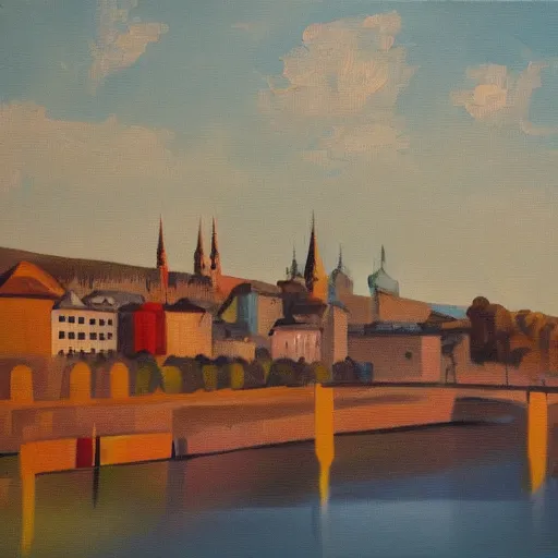 Image similar to very abstract painting of the rhine in basel, very rough brush strokes and splatters, oil on canvas, muted colors, great composition