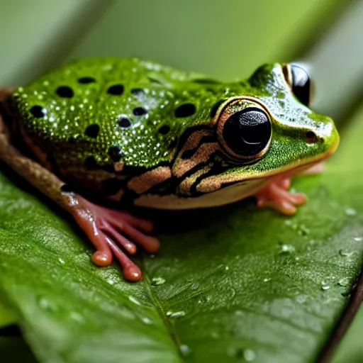 Prompt: a national geographic close-up photograph of a rat-frog on a leaf, in the rain.