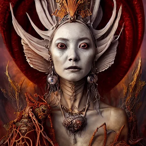 Image similar to a beautiful detailed 3d matte painting of female empress of the dead, by ellen jewett, by tomasz alen kopera, by Justin Gerard, ominous, magical realism, texture, intricate, ornate, royally decorated, skull, skeleton, whirling smoke, embers, red adornements, red torn fabric, radiant colors, fantasy, volumetric lighting, high details