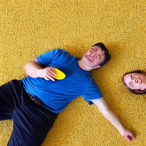 Image similar to removing yellow carpet underlay one man and one woman exhausted while eating almonds