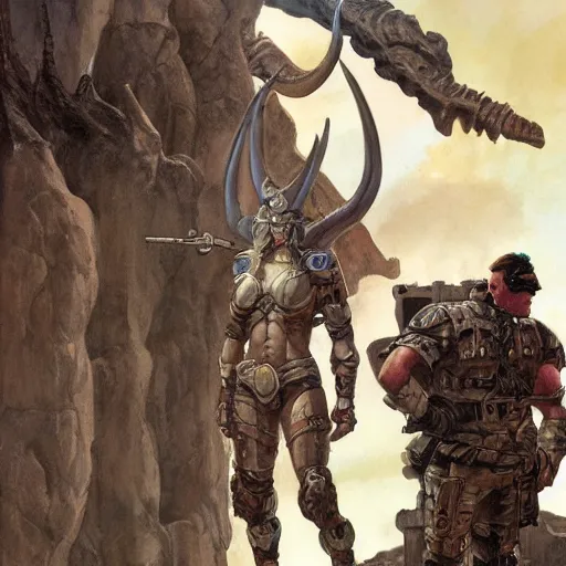 Prompt: a tactical soldier with his back to the viewer, looks up to see a giant woman with horns, by jon foster, gerald brom, and wayne barlowe
