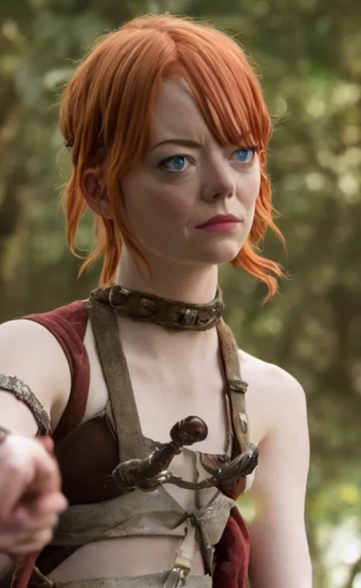 Image similar to epic cinematic still of live action chrono trigger movie, emma stone as marle, 8 k, 8 5 mm