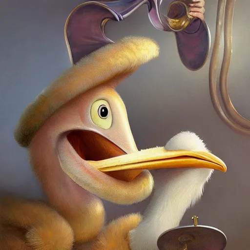 Image similar to An adorable whimsical pelican conducting an orchestra, highly detailed, digital painting, artstation, concept art, smooth, sharp focus, studio light, by Pixar and Disney and Justin Gerard,