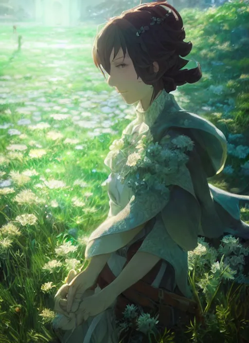 Image similar to a portrait of the emerald herald in the garden, shiny, intricate, tone mapped, ambient lighting, highly detailed, digital painting, concept art, sharp focus, by makoto shinkai and akihiko yoshida and hidari and wlop