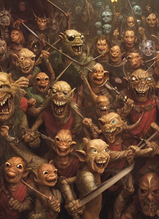 Image similar to highly detailed closeup group portrait of medieval goblins having a party, stephen bliss, unreal engine, greg rutkowski, ilya kuvshinov, ross draws, hyung tae and frank frazetta, tom bagshaw, tom whalen, nicoletta ceccoli, mark ryden, earl norem, global illumination, god rays, detailed and intricate environment