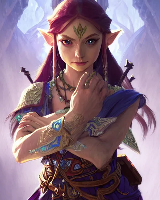 Prompt: legend of Zelda, D&D, fantasy, intricate, elegant, highly detailed, digital painting, artstation, concept art, matte, sharp focus, illustration, hearthstone, art by Artgerm and Greg Rutkowski and Alphonse Mucha