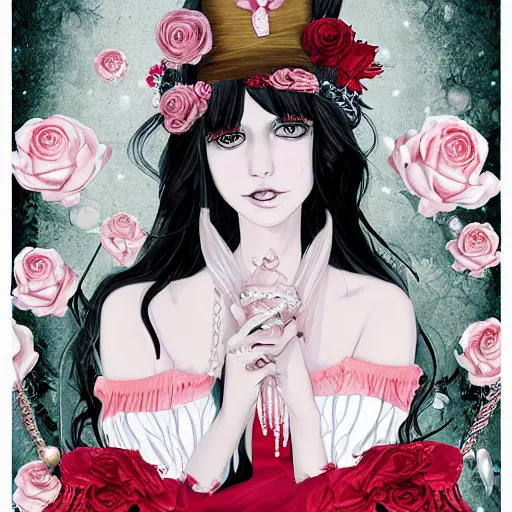 Prompt: Alice in Wonderland at the tea party, she looks like a mix of grimes and zoë kravitz, very long fingernails, childlike, hair and dress billowing dramatically in the wind, wearing heaving stacks of pearl necklaces, surrounded by red and white roses, digital illustration, inspired by a stylistic blend of Æon Flux by Peter Chung, Japanese shoujo manga, and murals by Shepard Fairey, hyper detailed!!! dreamlike, otherworldly and ethereal!!!!, delicate, flower petals, super photorealistic!! extremely fine inking lines, gradient colors