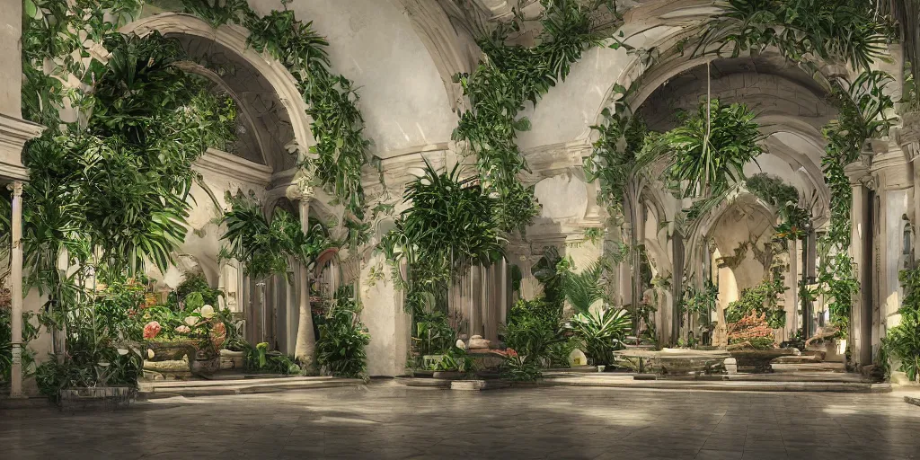 Prompt: cathedral interior with koi pond in the middle surrounded by palm trees, ivy, flowers, tropical plants, roses, and with archways. rendered in octane render with photorealistic lighting, leyendecker, greg rutkowski, artgerm