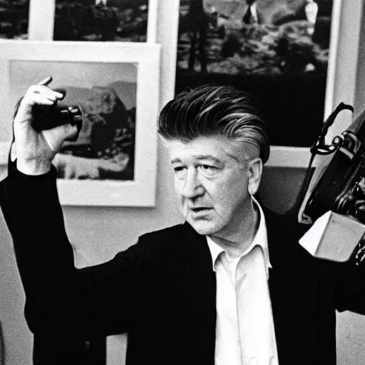 Image similar to David lynch directing on the set of Twin Peaks circa 1991