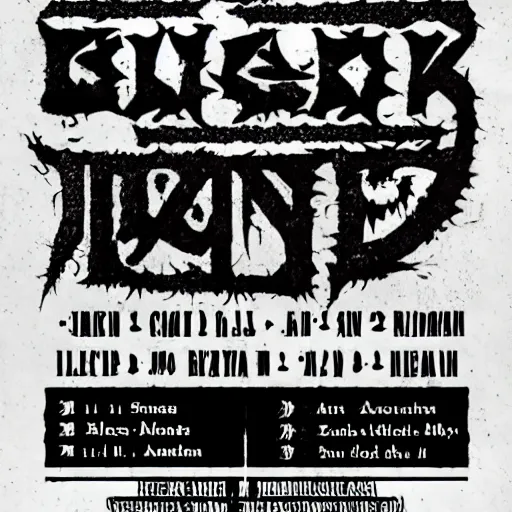 Image similar to black metal concert flyer, black metal logos, unreadable, 3 band lineup