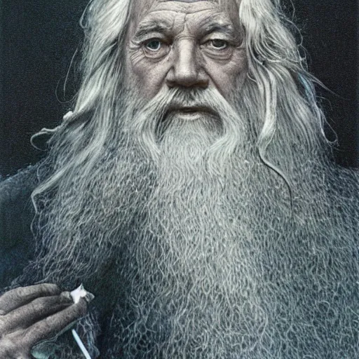 Image similar to Gandalf pondering his orb by Henry Gray and Alan Lee, Colourful