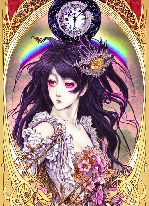 Image similar to legend of the cryptids highly detailed terada katsuya ayami kojima atrstation manga poster of princess mechine, anotherwanderer, rainbow gradient reflection, cute face by artgerm, art nouveau, long hair, armor, dress, laces, ruffles, 8 k, maximalist, golden ratio, alphonse mucha