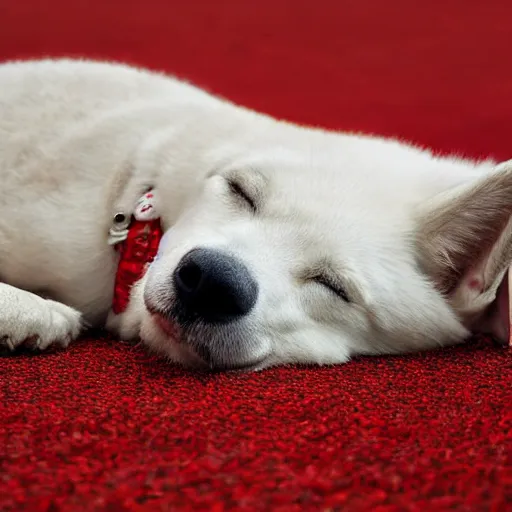 Prompt: a white and red Jindo dog curled up on a carpet peering at you from one eye, high quality digital art