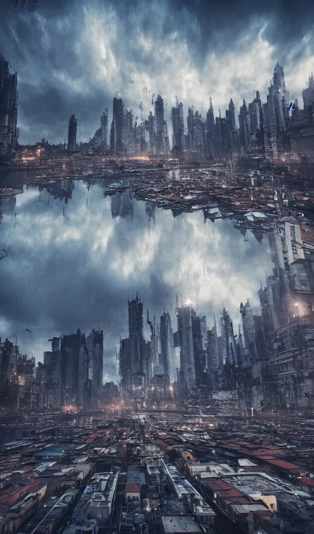 Prompt: Venice cyberpunk and futuristic | the sky is full of cloud, ethereal and magnificent. Wide angle lens, 4K, ultra realistic, cinema studio lights