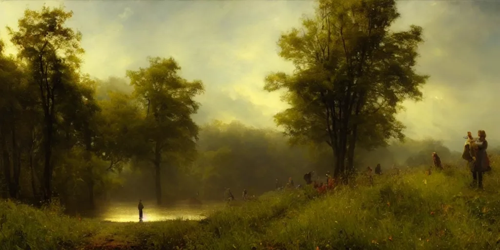 Image similar to a big hillside meadow with a little lake in 1 9 4 0 with blue light on, sunny day, a men stand up on the road, mystical orange fog, oil on canvas, art by andreas achenbach, clemens ascher, tom bagshaw and sabbas apterus,