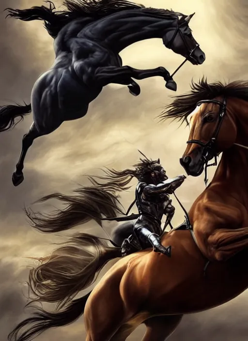 Image similar to the singular horseman of the apocalypse is riding a strong fierce ferocious black stallion, horse is up on its hind legs, the strong male rider is carrying the scales of justice, beautiful artwork by artgerm and rutkowski, breathtaking, beautifully lit, dramatic