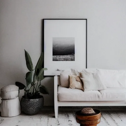 Image similar to a minimalist mockup photo with large blank frame, in a white boho style studio, i cozy coastal style home interior, trending on pinterest